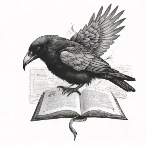 A crow reading with the phrase never more and add some Allan Poe characters like Eleonor tattoo design idea