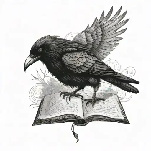 A crow reading with the phrase never more and add some Allan Poe characters like Eleonor tattoo design idea