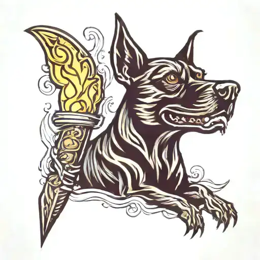 Black Dog With pointy ears. The dog is inside the flame of a tiki torch.  tattoo design idea