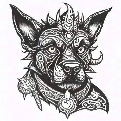 Black Dog With pointy ears with a tiki torch transforming tattoo design idea