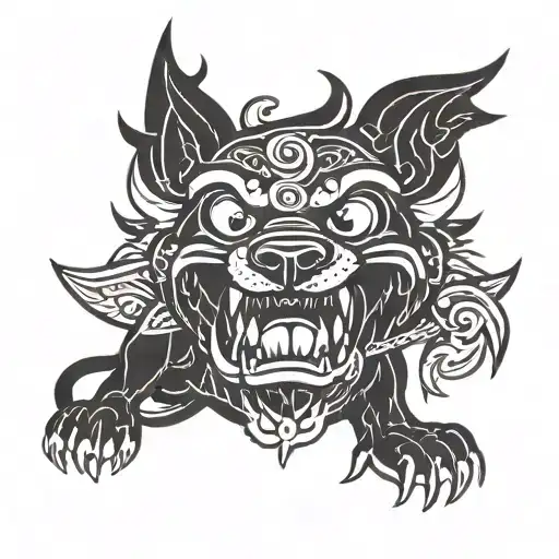 Black Dog With pointy ears with a tiki torch transforming tattoo design idea