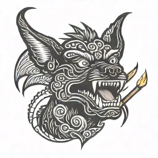 Black Dog With pointy ears with a tiki torch transforming tattoo design idea