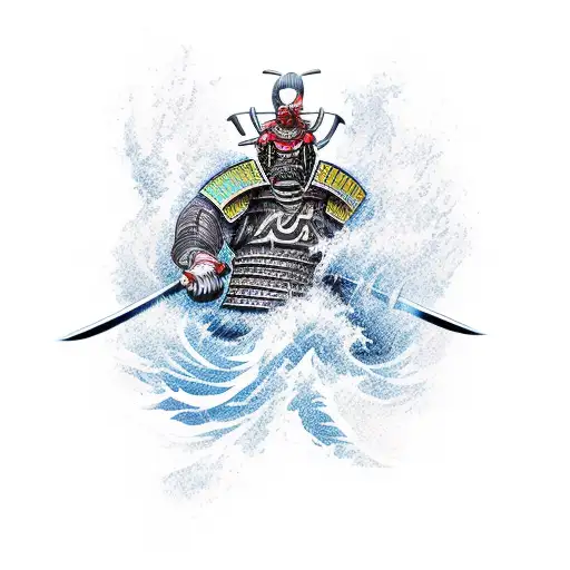 An oni mask transformed into a fierce samurai warrior battling waves on a beach tattoo design idea