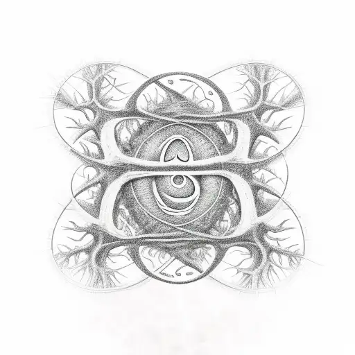 growth, transformation, and connection. Include DNA spiral, tree with roots, om symbol tattoo design idea