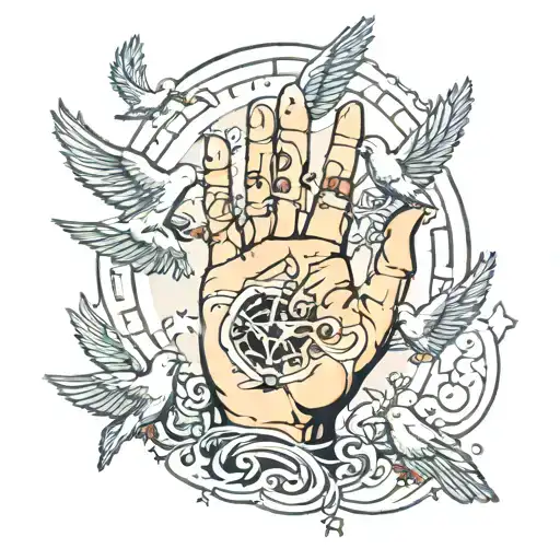 baby hand reaching towards the heavens gates doves flying and lights tattoo design idea