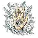 baby hand reaching towards the heavens gates doves flying and lights tattoo design idea
