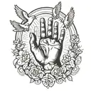 baby hand reaching towards the heavens gates doves flying and lights tattoo design idea