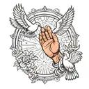 baby hand reaching towards the heavens gates doves flying and lights tattoo design idea