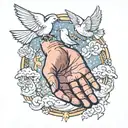baby hand reaching towards the heavens gates doves flying and lights tattoo design idea