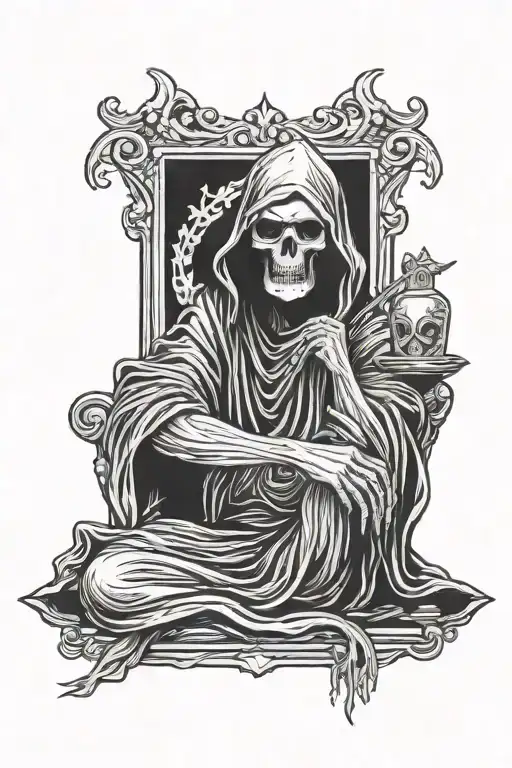 grim reaper sitting down holding his head with a crown  tattoo design idea