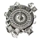 roulette table, smoke, dice intertwined tattoo design idea