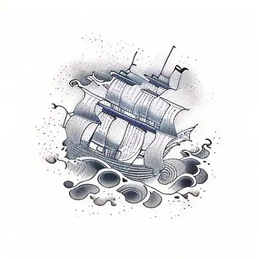 waves surrounding a pirate ship tattoo design idea