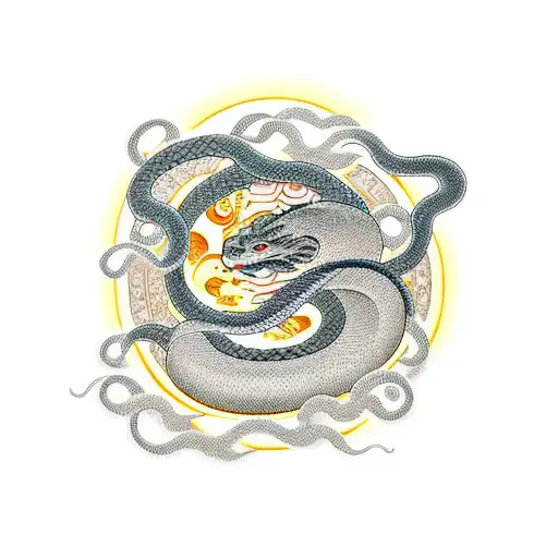 A traditional Japanese tattoo design incorporating a snake and sun motif tattoo design idea