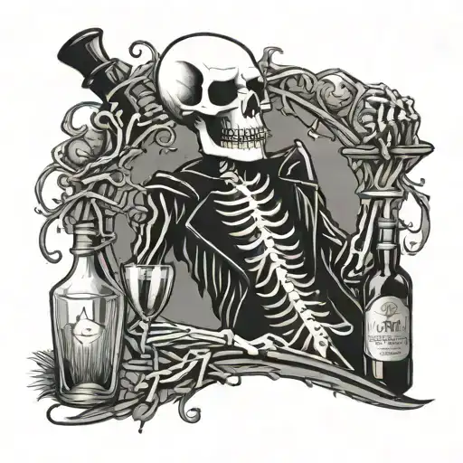 skellington with bottle of alcohol addiction tattoo design idea
