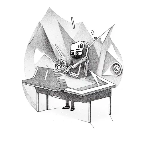 A surreal scene of a hacker playing a musical instrument in a digital landscape tattoo design idea