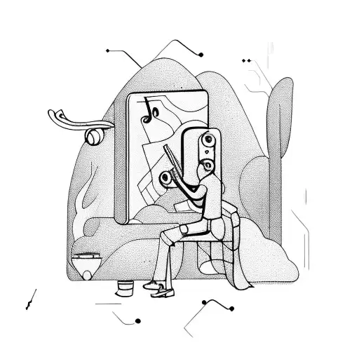 A surreal scene of a hacker playing a musical instrument in a digital landscape tattoo design idea