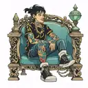 boy with black hair and colorful tattoos sitting on a throne tattoo design idea