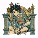 boy with black hair and colorful tattoos sitting on a throne tattoo design idea