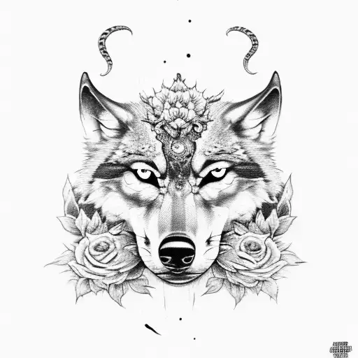 Wolf and snake with flowers and skull tattoo design idea
