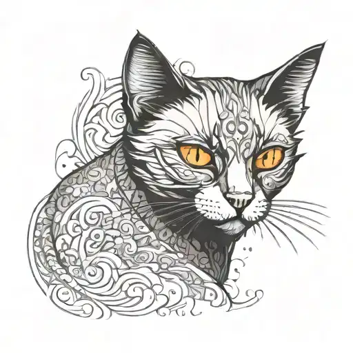 Black Cat with orange Eyes along tattoo design idea