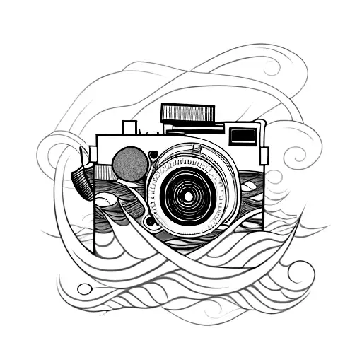 A camera shutter designed with sea waves tattoo design idea