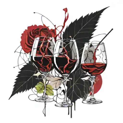 three glasses of wine surrounded by a thread that eventually becomes a leaf and somewhere some glasses tattoo design idea
