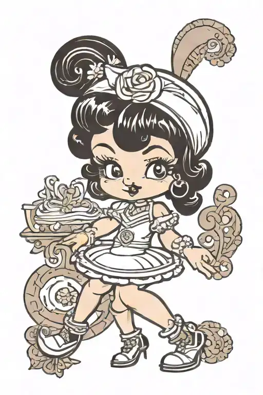 Create a tattoo that is black and white line drawing and vintage style of Betty Boop and she is covered tattoo design idea