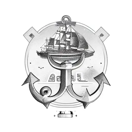 a vintage aero from north to south, campus style with anchor shade on "S", sun on "W", A ship on "E" side with half anch tattoo design idea