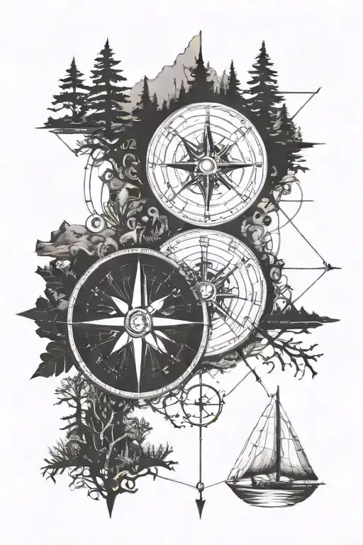 Compass with the ocean and forest aspects I'd like tattoo design idea