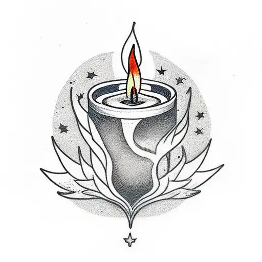 Candle, burning, straight long candle, palm, it is blocked by the palm of a person, against the background of a star and tattoo design idea