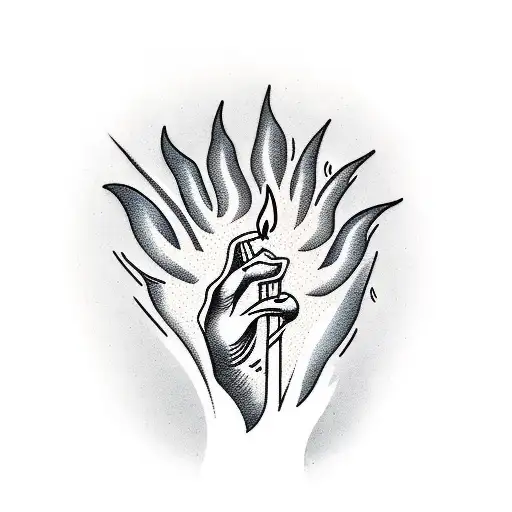 Candle, burning, straight long candle, palm, it is blocked by the palm of a person, against the background of a star and tattoo design idea