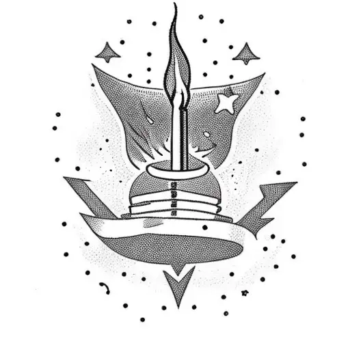 Candle, burning, straight long candle, palm, it is blocked by the palm of a person, against the background of a star and tattoo design idea
