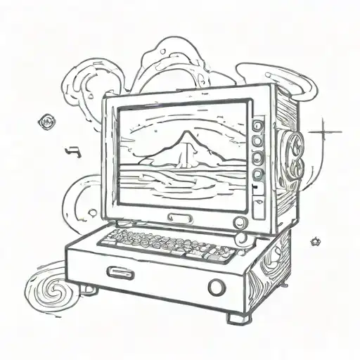 A detailed sketch style tattoo of a pixelated hurricane swirling around a vintage computer monitor, with musical notes floating in the air tattoo design idea