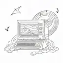 A detailed sketch style tattoo of a pixelated hurricane swirling around a vintage computer monitor, with musical notes floating in the air tattoo design idea