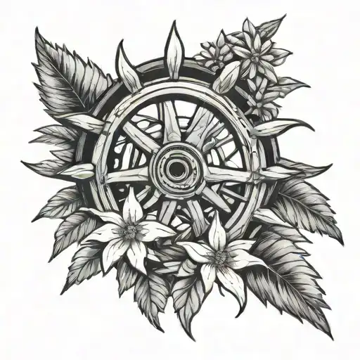 wagon wheel and edelweiss flower tattoo design idea