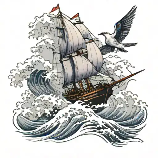 ship bird japanese wave tattoo design idea