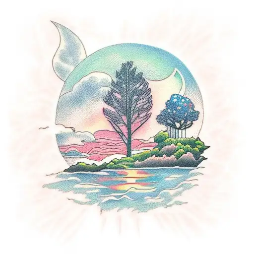 A serene sunset scene with a harmonious blend of nature elements like trees and ivy tattoo design idea