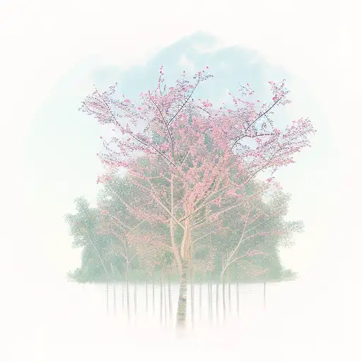 A serene sunset scene with a harmonious blend of nature elements like trees and ivy tattoo design idea