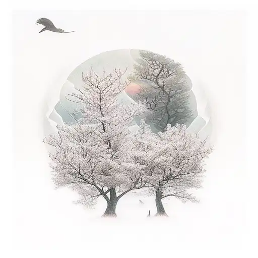 A serene sunset scene with a harmonious blend of nature elements like trees and ivy tattoo design idea