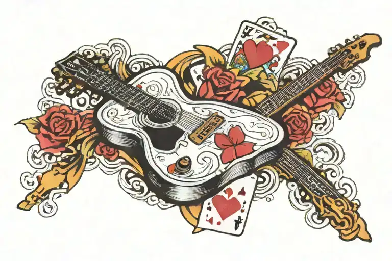 cross with guitar and playing cards arranged tattoo design idea