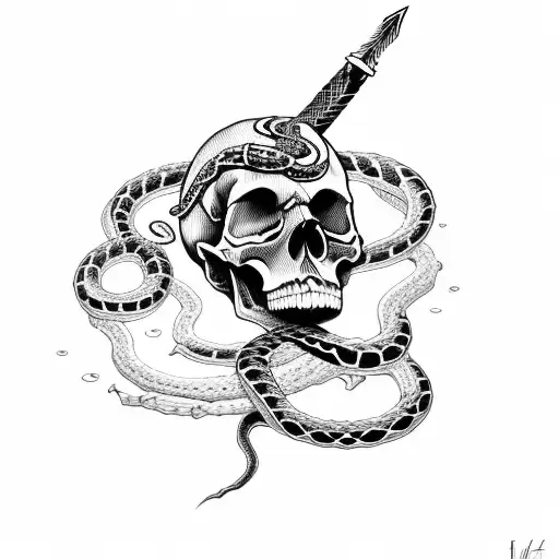skull with sword and snake tattoo design idea