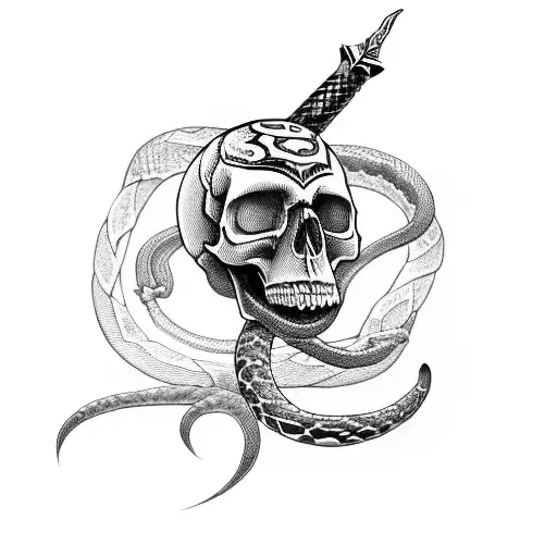 skull with sword and snake tattoo design idea