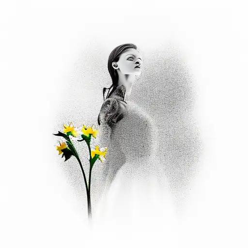 female faceless figure spinning in the daffodils. Wearing a dress. Image has time and memory relation. Black and white.  tattoo design idea