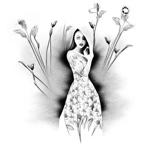 female faceless figure spinning in the daffodils. Wearing a dress. Image has time and memory relation. Black and white.  tattoo design idea