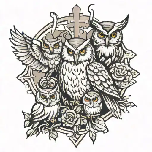 owl jesus family cross  tattoo design idea