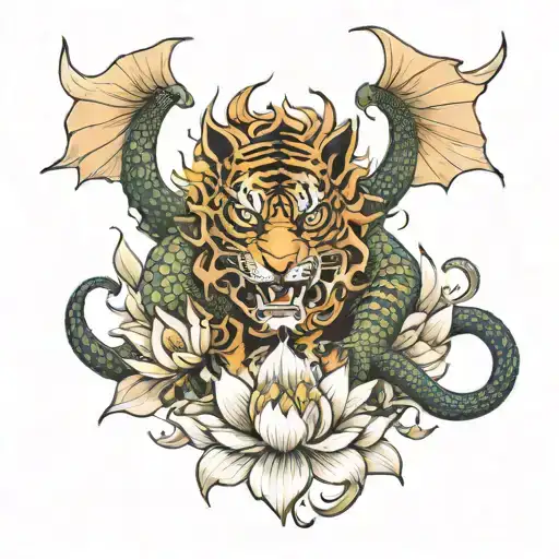 lotus flower dragon tiger tattoo design idea