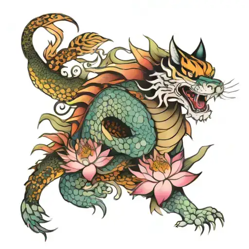 lotus flower dragon tiger tattoo design idea