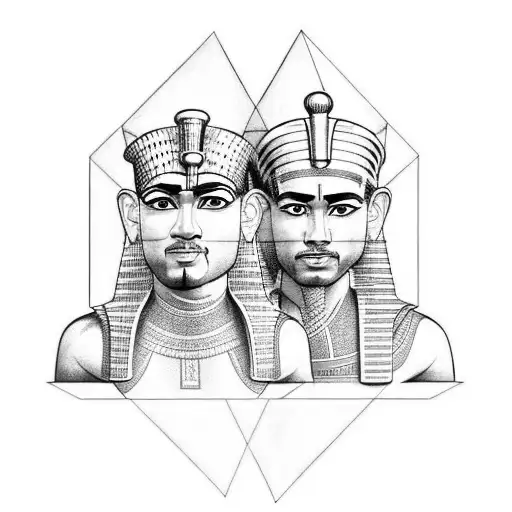 the egyptian gods Ptah and Toth looking at each other in front of a pyramid tattoo design idea