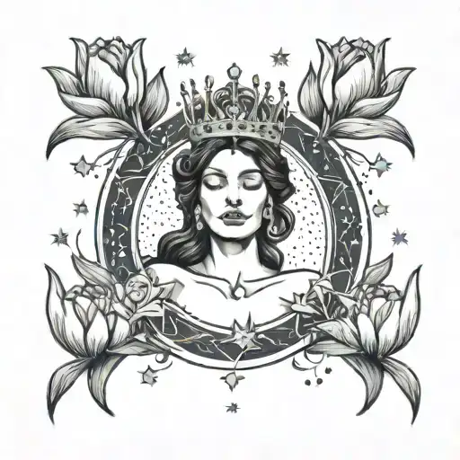 brunette virgo goddess wearing a crown of stars laying in calm water with tulips floating around her tattoo design idea