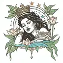 brunette virgo goddess wearing a crown of stars laying in calm water with tulips floating around her tattoo design idea